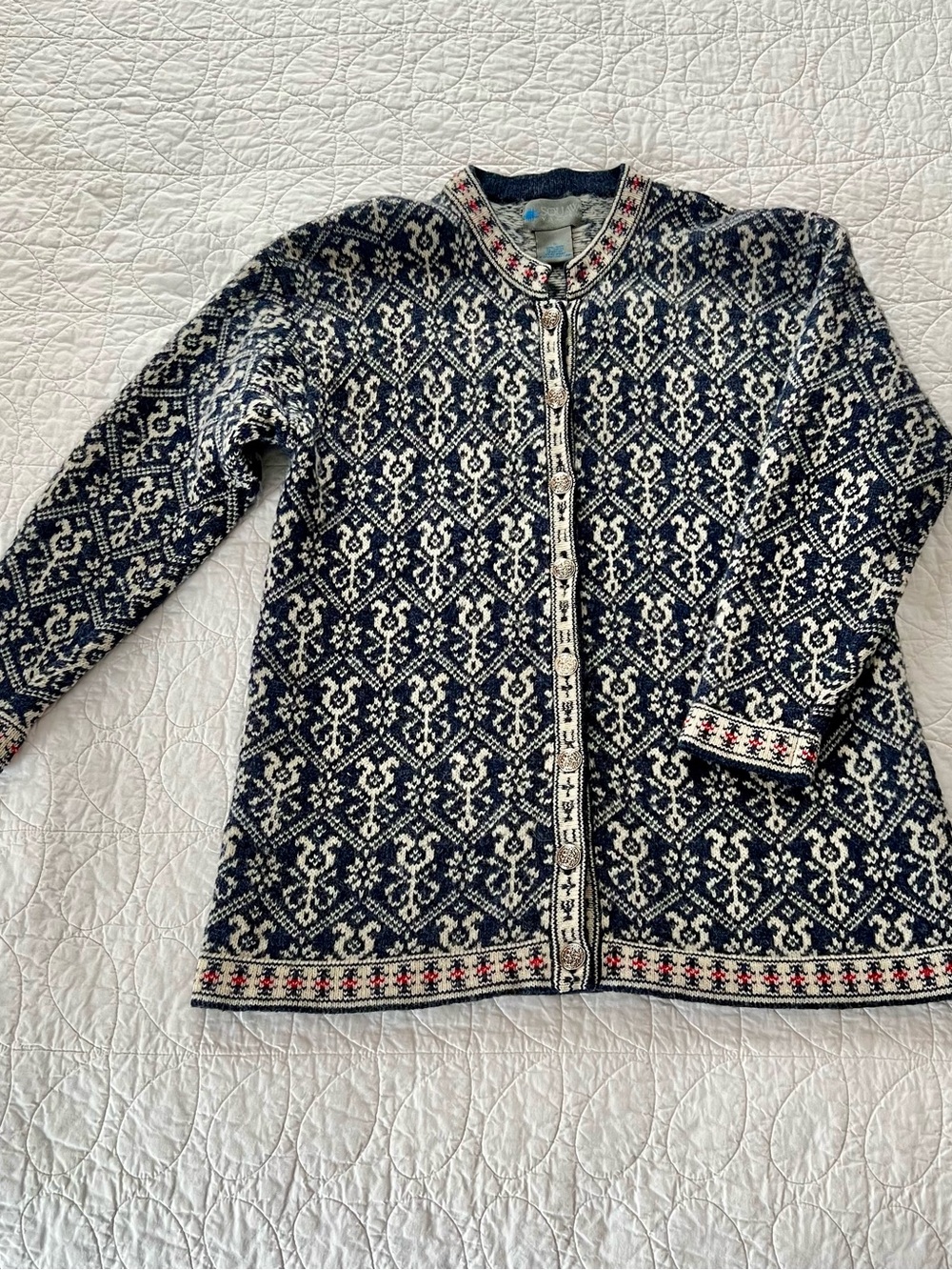 Vintage Classic Nordic Pattern Squaw Valley Wool Cardigan Navy/Cream Silver Btns